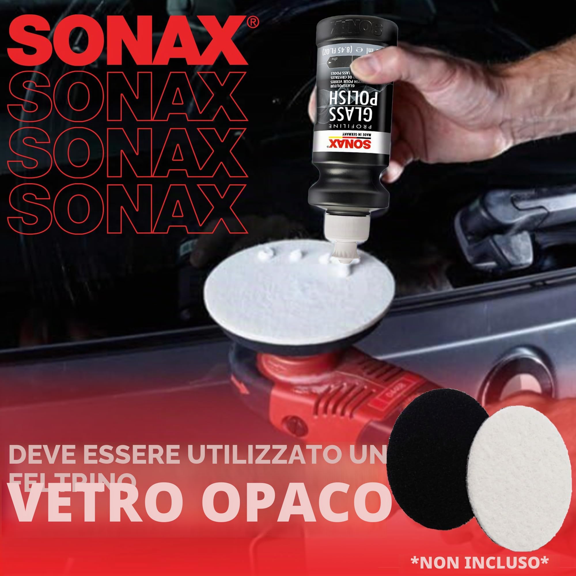 SONAX PROFILINE Lucidante vetro auto (250 ml) rimuove graffi leggeri e ossidazioni. Con ossido di cerio per superfici in vetro | Art. N. 02731410