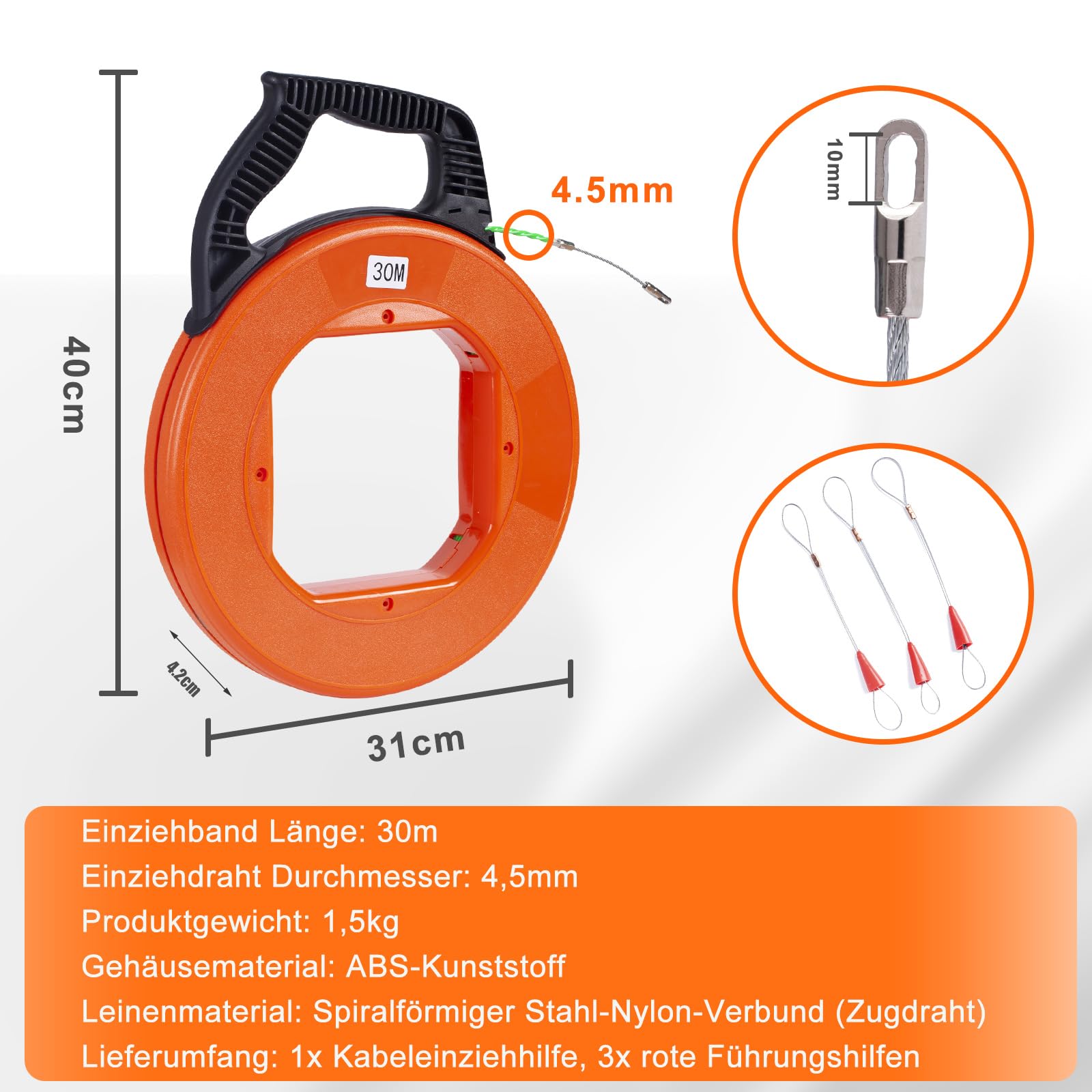 Pious Kabeleinziehhilfe 30m, Zugdraht für Leerrohre, mit Aufbewahrungsbox, Einziehband Anti-Verwicklungs-Design, Gleitet leicht um Rohrkurven, Perfekte Kabel Einzugshilfe für Glasfaser-Durchziehhilfe