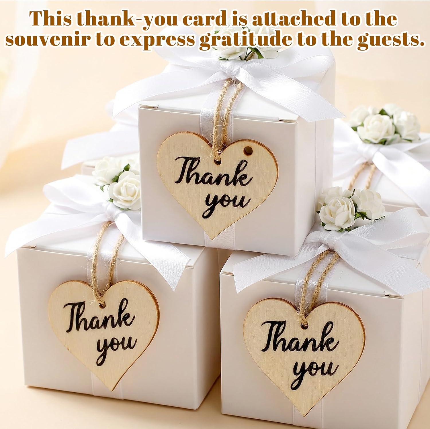 100 PCS Thank You Tags with String, Thank You Gift Tags for Party Favors, Heart Shape Wooden Tag for Wedding Party Favor image 5