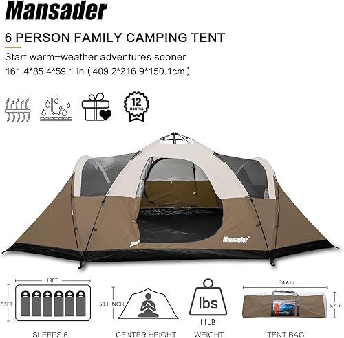 Miniatura 10 de Mansader Tienda de campaña familiar para 6 personas, impermeable, resistente al viento con parte superior de la lluvia, fácil de instalar, tienda de