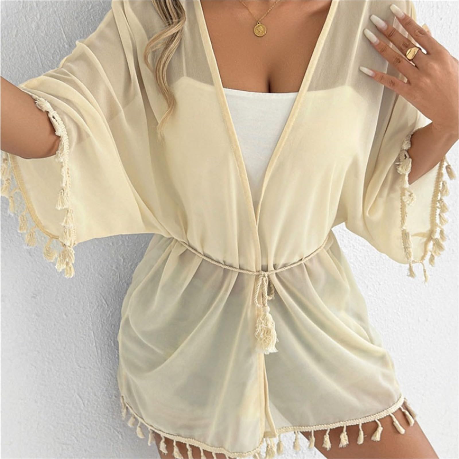 Copricostume da Bikini Copricostume da Spiaggia Donna, con Maniche Corte e Nappe, in Tinta Unita, Casual Femminile per Vacanza