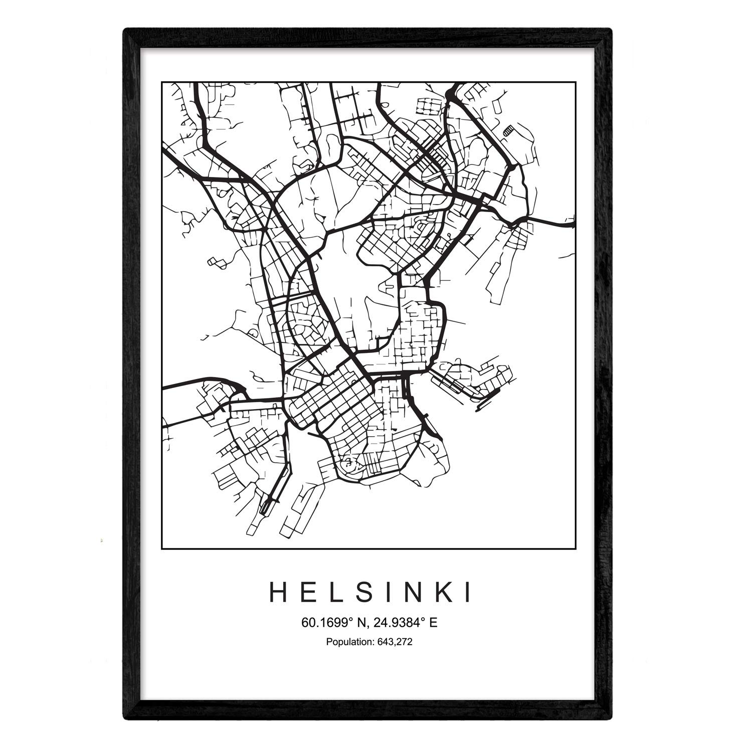 Nacnic Print city map Helsinki Scandinavian style in black and white. Poster A4 Printed paper No 250 gr. Paintings, prints and posters for living room and bedroom