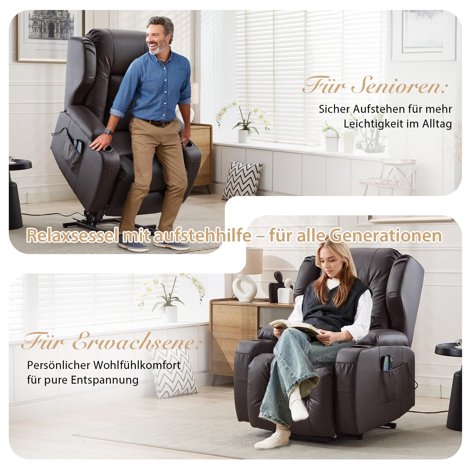 Elektrischer Sessel mit Aufstehhilfe Senioren, Elektrisch Verstellbarer Fernsehsessel mit Liegefunktion,Kinosessel mit USB & Getränkehalter,TV Sessel fürs Wohnzimmer (1, Braun)
