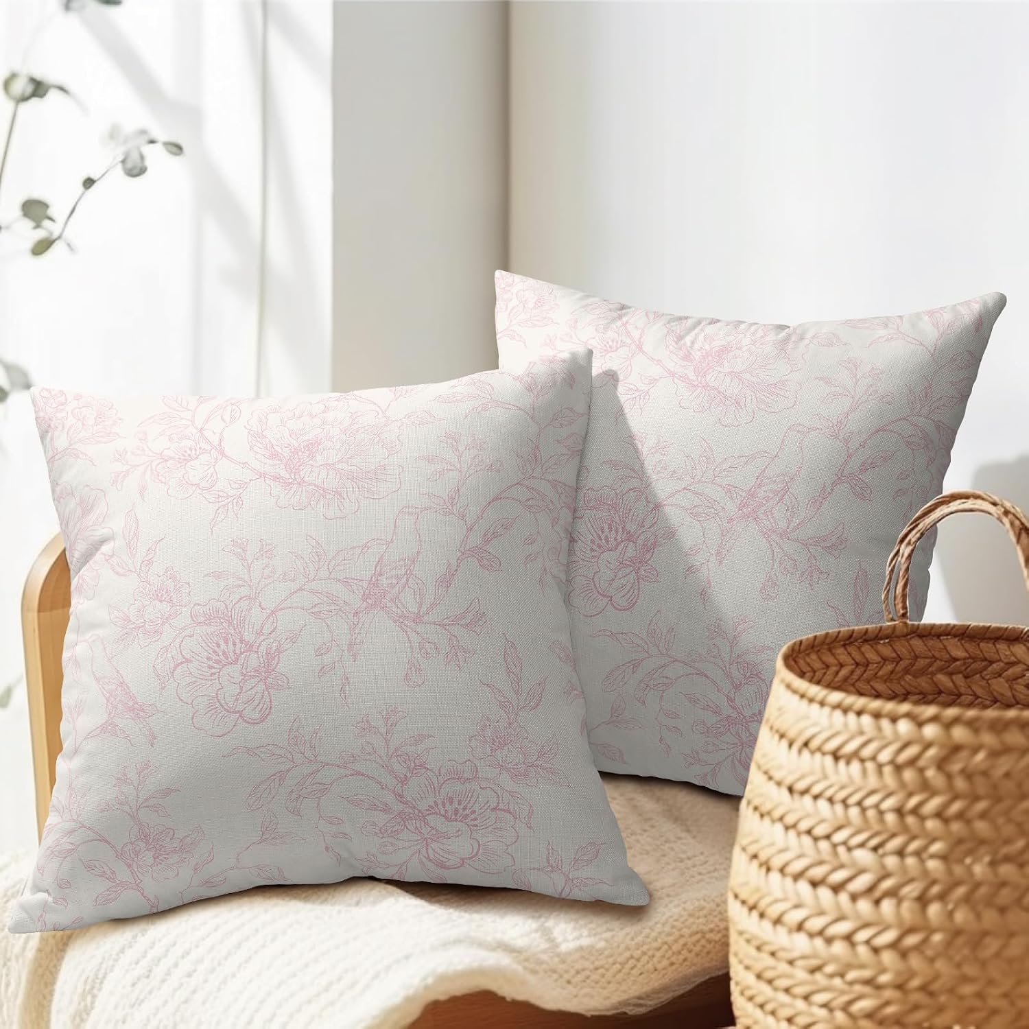 White Pink Chinoiserie Pillow Covers 22x22 Inch Set of 2 Vintage Floral Throw Pillow Covers Boho Cottage Core Docer Shabby Chic Pillowcases French Country Farmhouse Toile for Sofa Bed Home Decorative