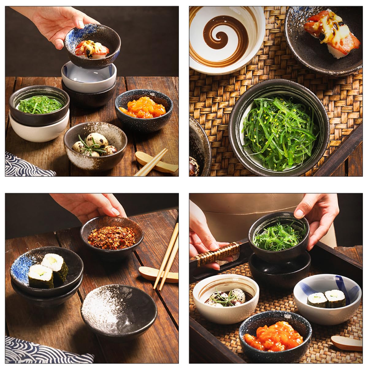 SHINEOFI Set de 4 Bols à Sauce Céramique Style Japonerie, Plats à Trempette Délicats et Créatifs Maison, pour Servir Snacks et Conserver Sauces
