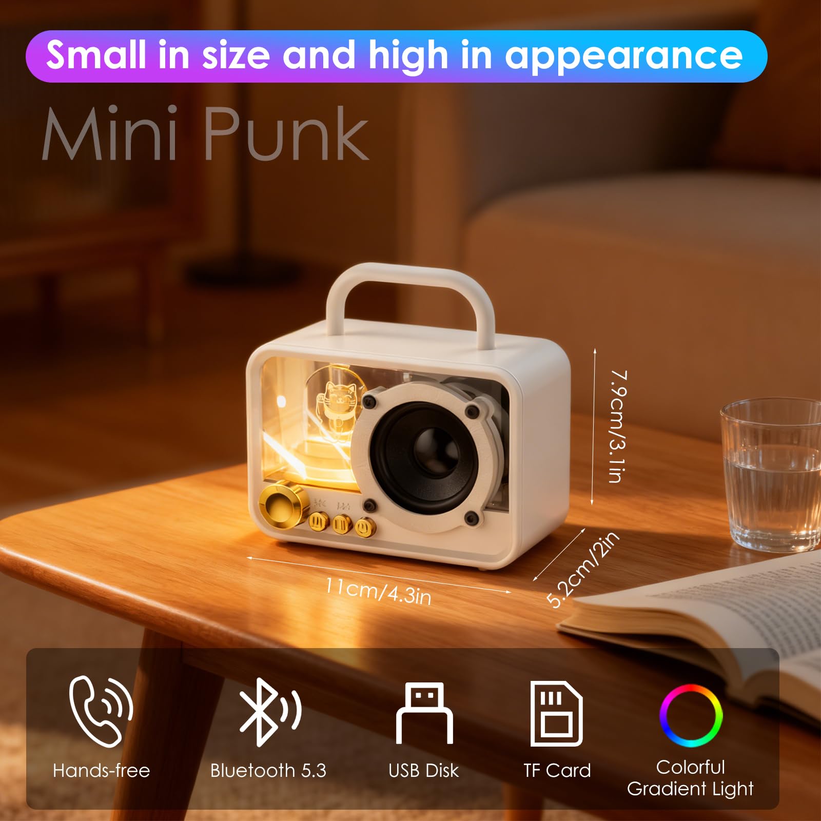 Tragbarer Bluetooth-Lautsprecher mit RGB-Lichtern, Stereo-Sound, druckvoller Bass, Mini-Bluetooth-Lautsprecher, niedlicher Mode-Stil für Küche, Schreibtisch, Schlafzimmer, Büro, Party
