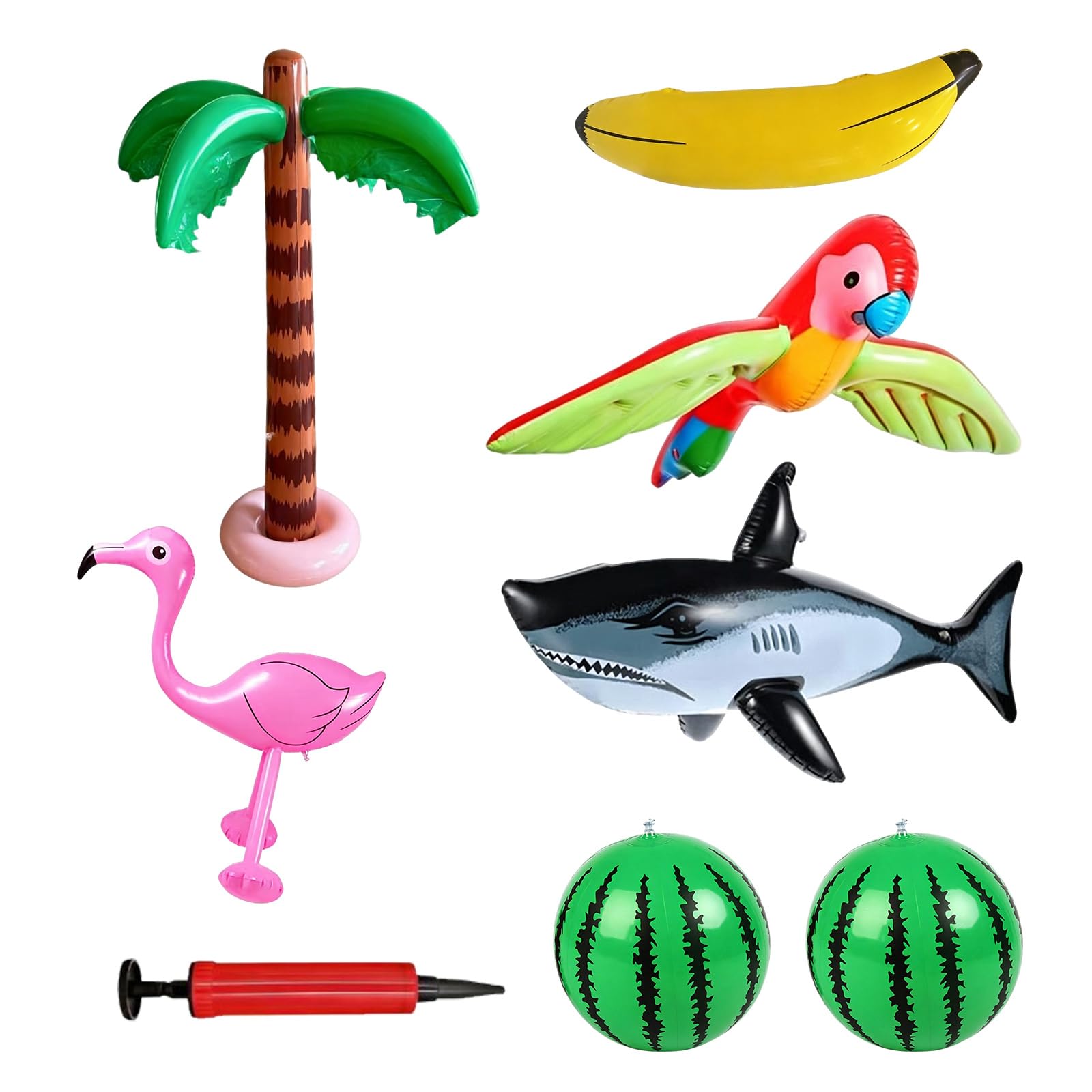 8 Pack Inflatable Palm Trees Flamingo Hat Shark Parrot Banana Beach Balls Set with 2 Watermelon Balloons for Hawaiian Party Decor Summer Pool Beach Party Supplies Outdoor Decorations