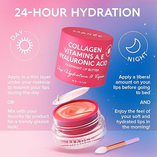 Miniatura 4 de MAREE Máscara labial con ácido hialurónico y aceite de coco, manteca de labios de colágeno durante la noche para nutrir e hidratar los labios secos