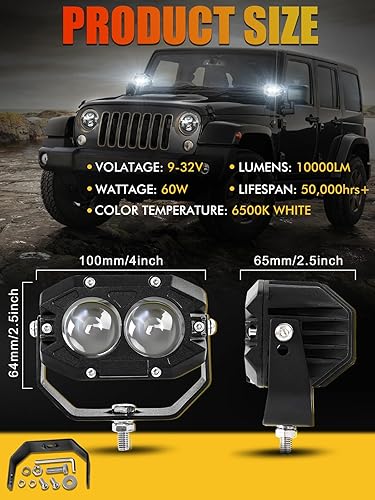 Miniatura 3 de MAYELLO Cápsulas LED cuadradas de 4 pulgadas, haz de punto blanco de 60 W, luces antiniebla y todoterreno - 6500K 10000LM IP68 - Compatible con Jeep