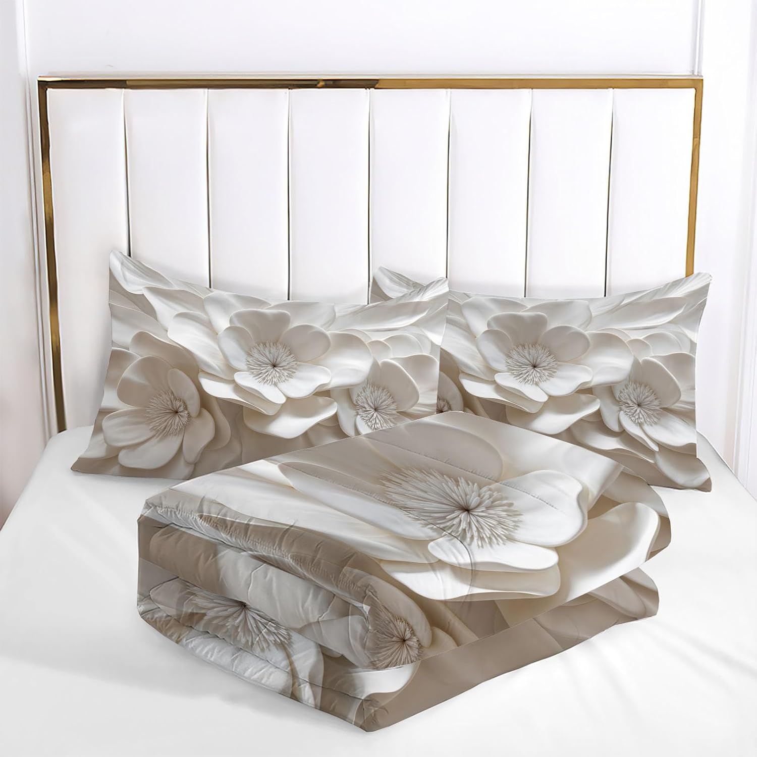 French Romance Comforter Set King Size, 3D Relief Flowers Bedding Set for Girls Boys, White Quilt Bed 104"X90" Bedding Comforter Sets with 2 Pillowcase Room Decor