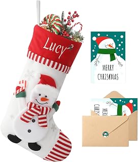 Personalized Christmas Stockings with Embroidered Name, 3D Snowman Design | 18” Large Custom Xmas Stocking with Greeting Card, Classic Red White, Matching Family Kids Holiday Fireplace Mantel Decor