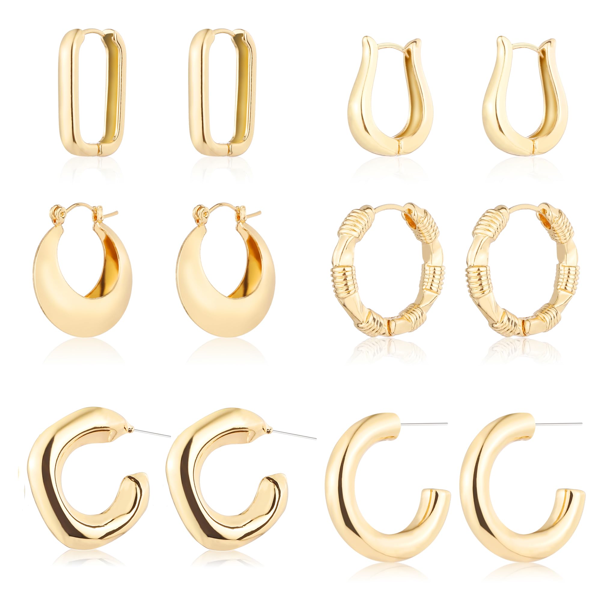 6 Pairs 14K Gold Plated Hoop Earrings for Women Lightweight Chunky Hoop Earrings Multipack Hypoallergenic, Thick Open Twisted Huggie Hoops Earring Set Jewelry for Gifts.
