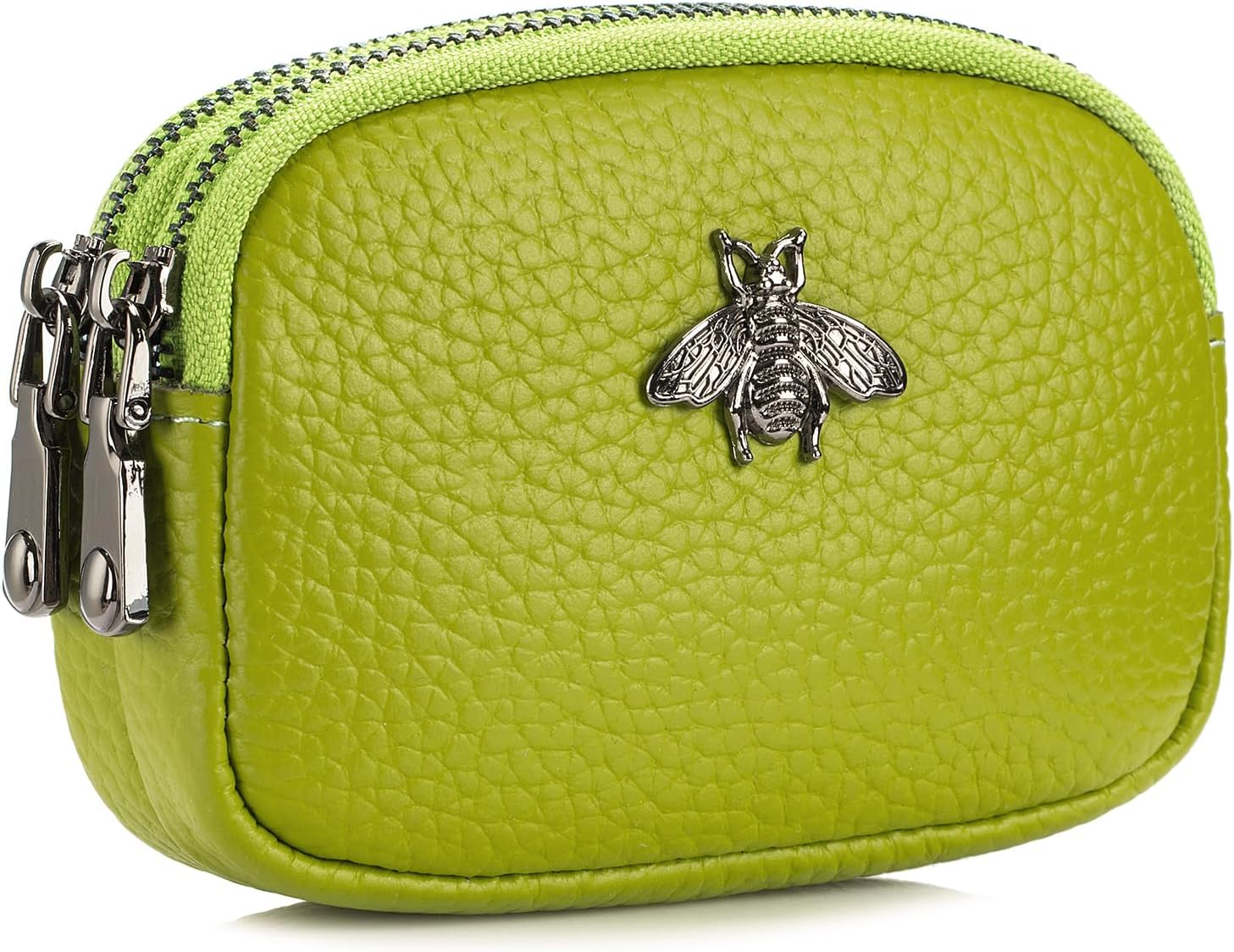 Women Leather Coin Purse, Small 2 Zippered Change Pouch Wallet, Yellow Green, Small, Bee Style