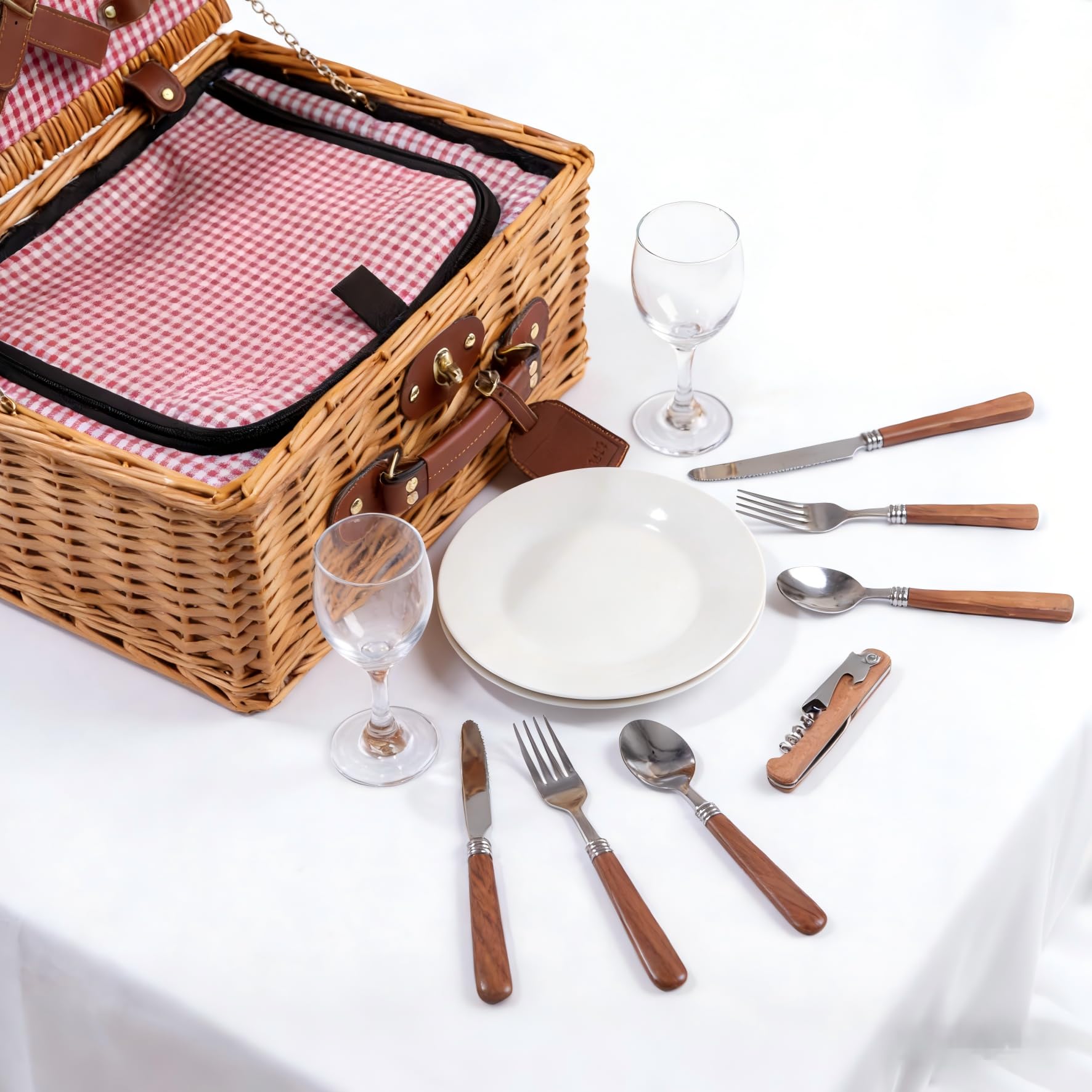 Picknickkorb für 2 Personen – Handgefertigtes Picknick Set aus Weide mit Kühlfach – Rot-Weiße Innenausstattung