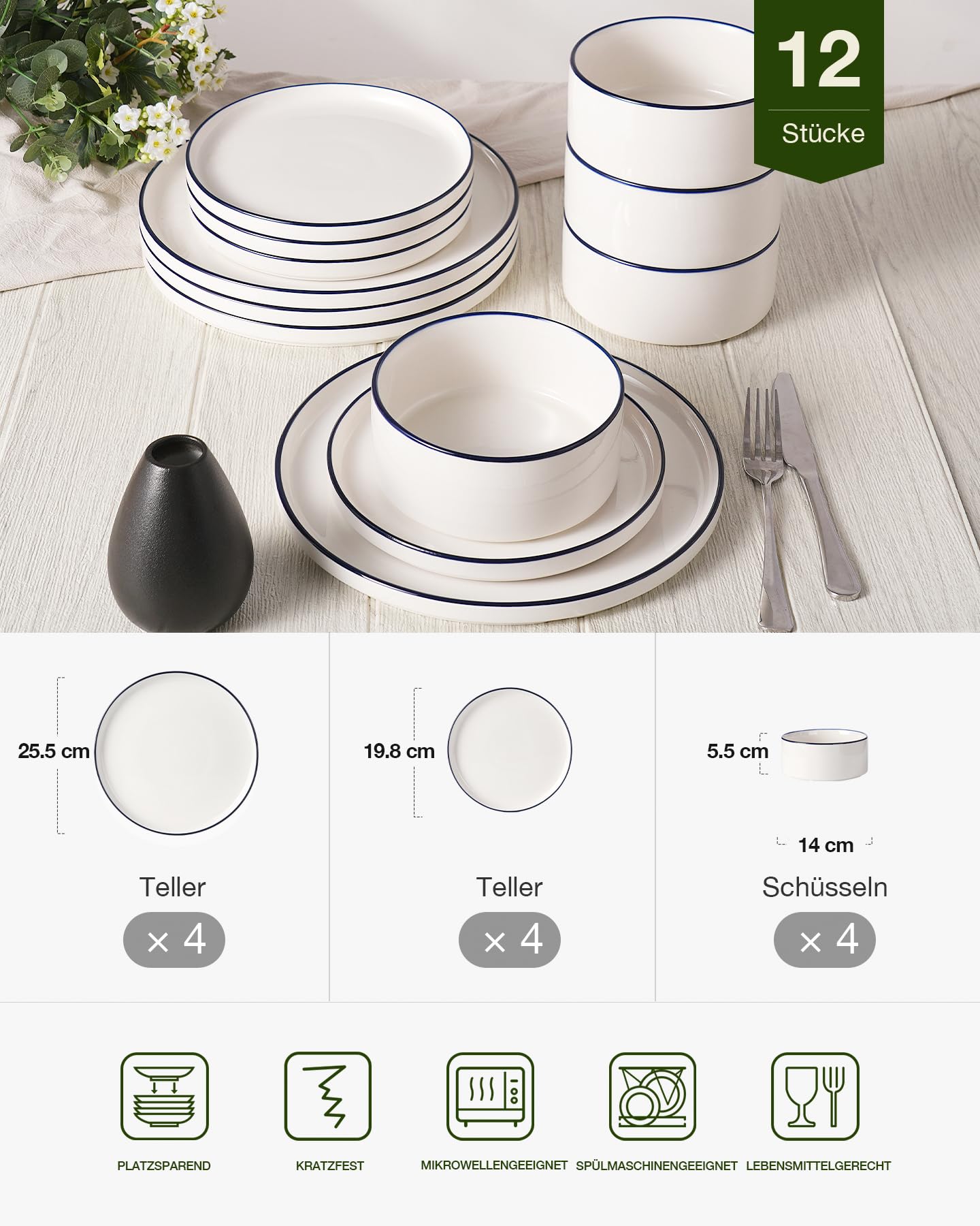 Richmount Geschirrset 12-tlg, Porzellan Service für 4 Personen, Teller set mit modernem, erhöhtem Rand, Mikrowelle & Spülmaschinengeeignet, Weiß mit dunkelblauer Kontur