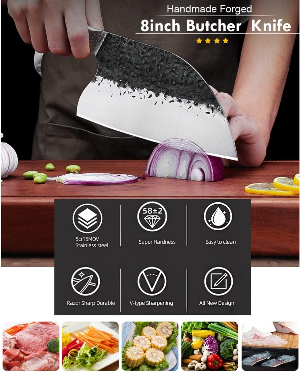 Meat Cleaver,Cleaver Knife Chef Knife Butcher Knives Handmade Forged 5CR15MOV Stainless Steel Chinese Cleaver Kitchen Cooking Tools With Wooden Handle, LAMAJIGA5844