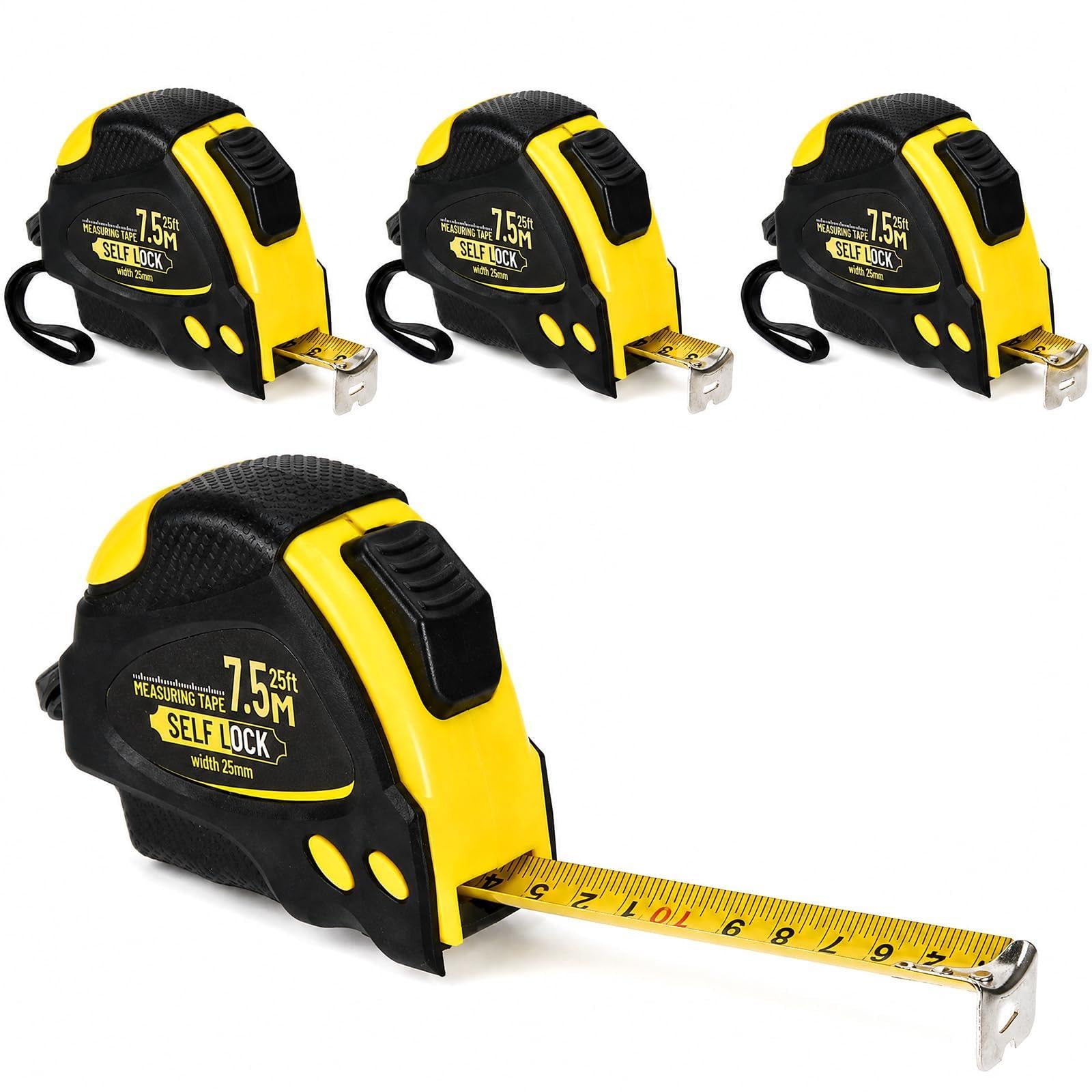 4-Pack Heavy-Duty Tape Measure 7.5m/25ft - Durable Measuring Tape with Impact-Resistant Casing, Metric & Imperial Readings, Secure Thumb Lock, Belt Clip & Wrist Strap for Professionals & DIY — image 1