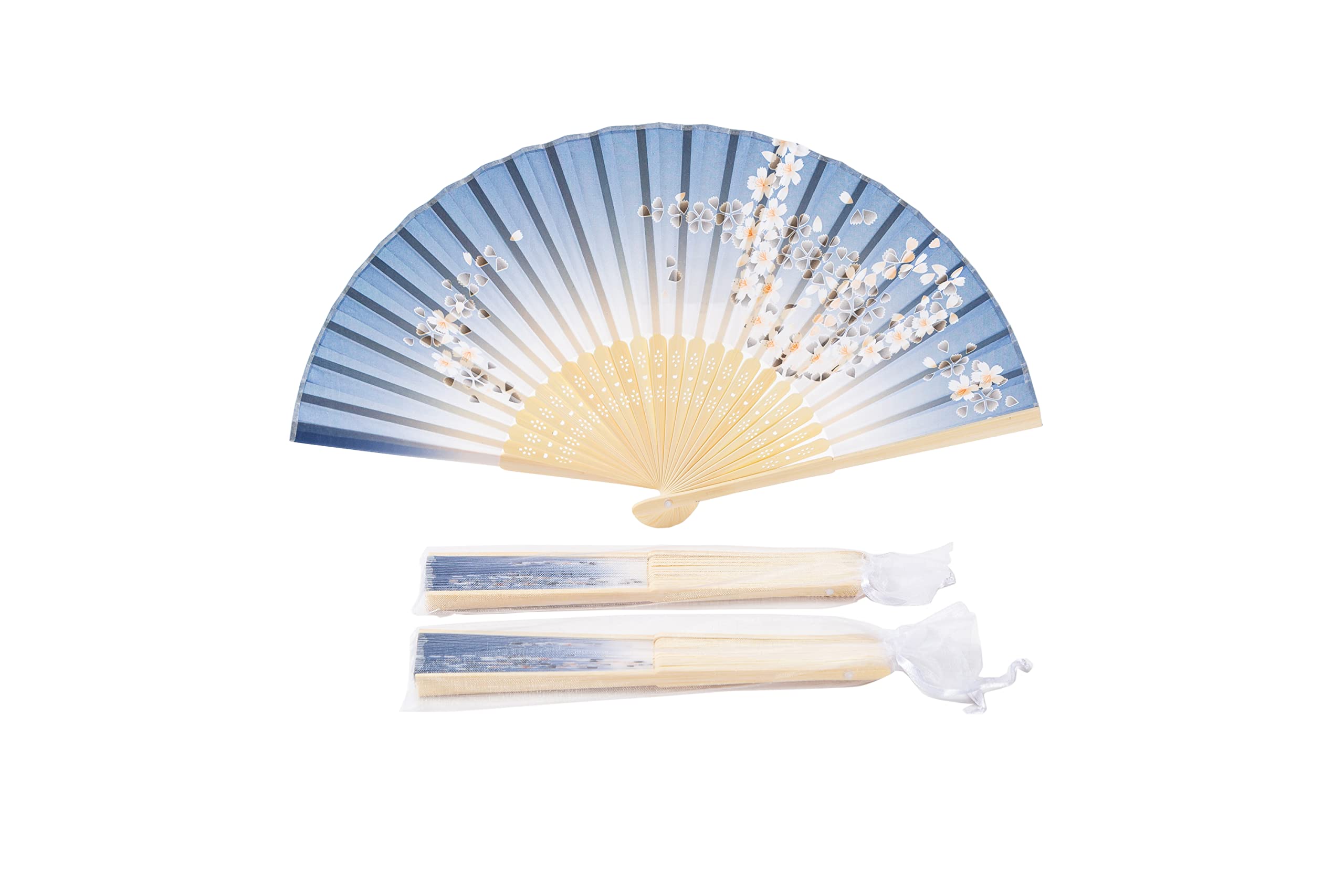Sepwedd 50pcs Blue and White Gradient Cherry Blossom Pattern Imitated Silk Fabric Bamboo Folded Chinese Hand Fan Bridal Dancing Props Church Wedding Gift Party Favors with Gift Bags(Q60)