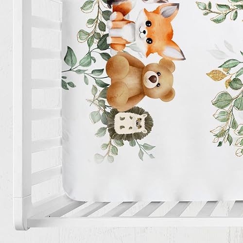 Miniatura 3 de Sábanas para cuna de bebé, diseño de animales del bosque, hojas de eucalipto, 52 x 28 pulgadas, oso, mapache, zorro, ciervo, conejo, erizo,