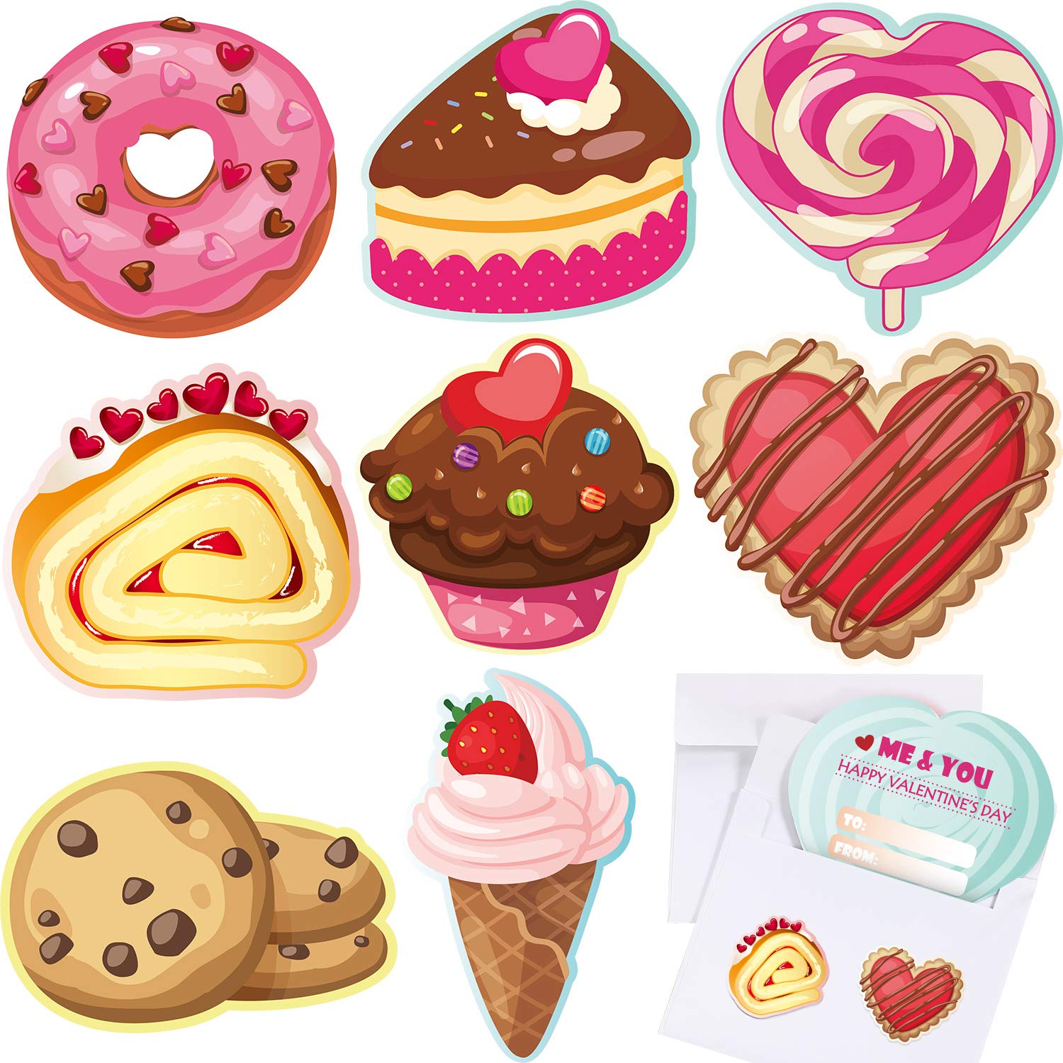 Valentine's Day Cards for Kids Set with 32 Envelopes and 32 Bonus Stickers, 8 Different Cute Food Designs Greeting Exchange Cards for School Valentine's Day Supplies Children Party Favors