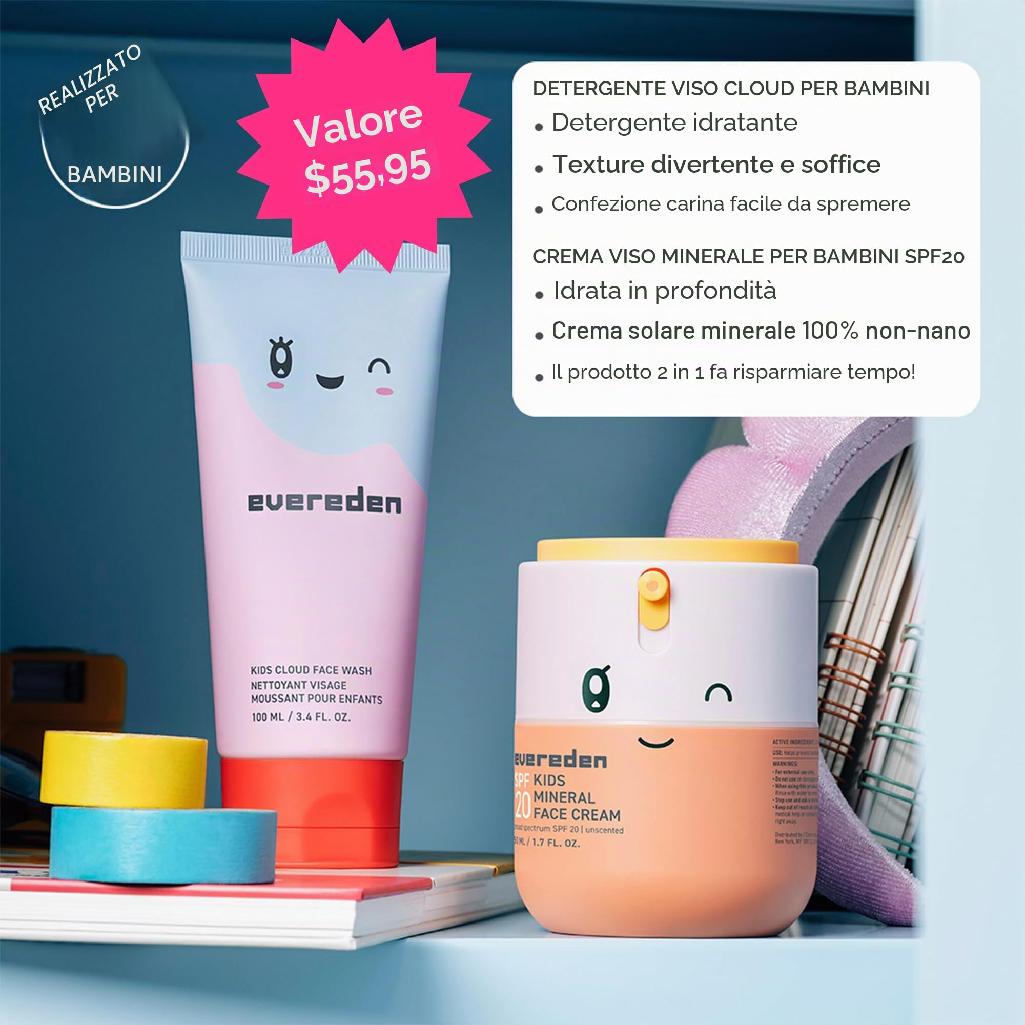 Kids Happy Morning DUO: set per la cura della pelle pulita e vegana per bambini, detergente viso a nuvola per la cura della pelle + crema viso minerale SPF 20, atossica, non comedogenica, divertente