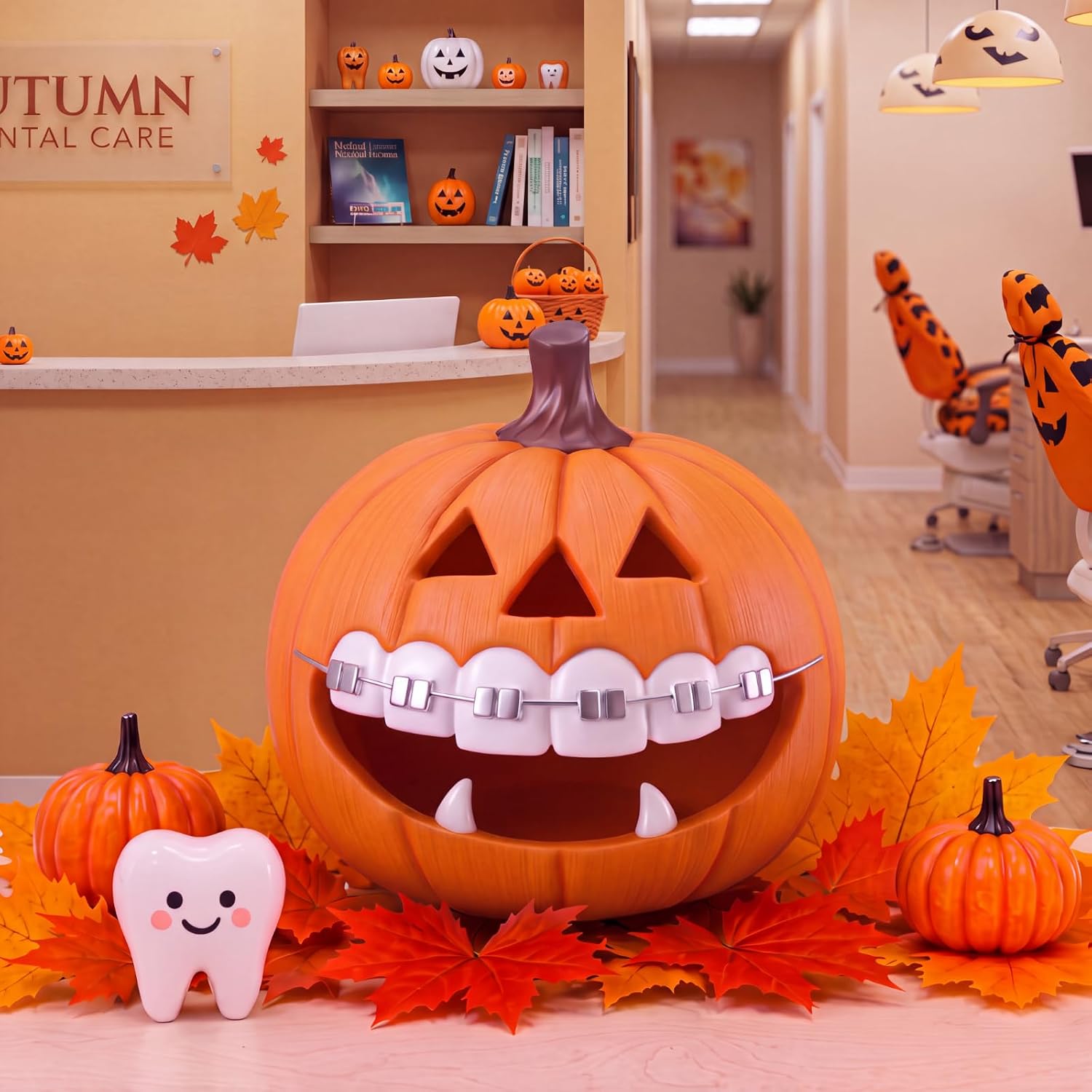 Halloween Resin Pumpkin with Braces Fall Artificial Pumpkins with Tooth | Funny Halloween Dentist Office Decor Autumn Thanksgiving Farmhouse Table Centerpiece Festive Party Supplies