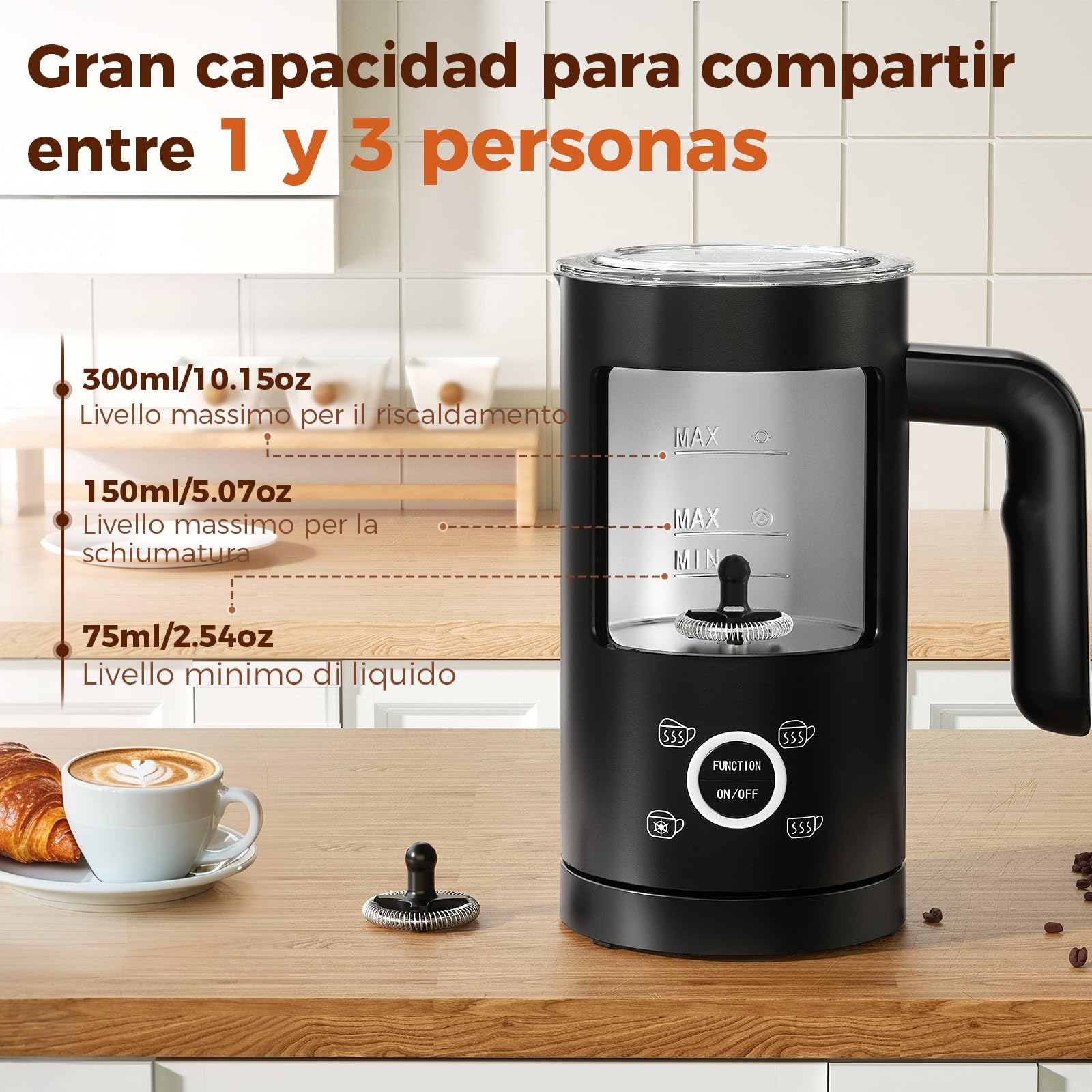 YASHE 4 en 1 Espumador y Calentador de Leche Eléctrico 500W, 300ml para Espuma Caliente/Fría, Ideal para Café, Capuchino, Latte, Macchiato, Silencioso, Revestimiento Antiadherente, Fácil Limpieza