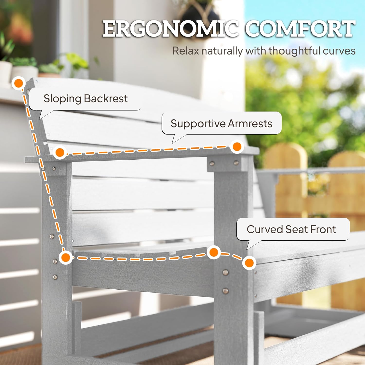 Outsunny 2-Person Outdoor Glider Bench, HDPE Weather Resistant Patio Double Swing Glider Rocking Chair Loveseat with Armrests, Slatted Seat and Backrest for Backyard Garden Porch, White