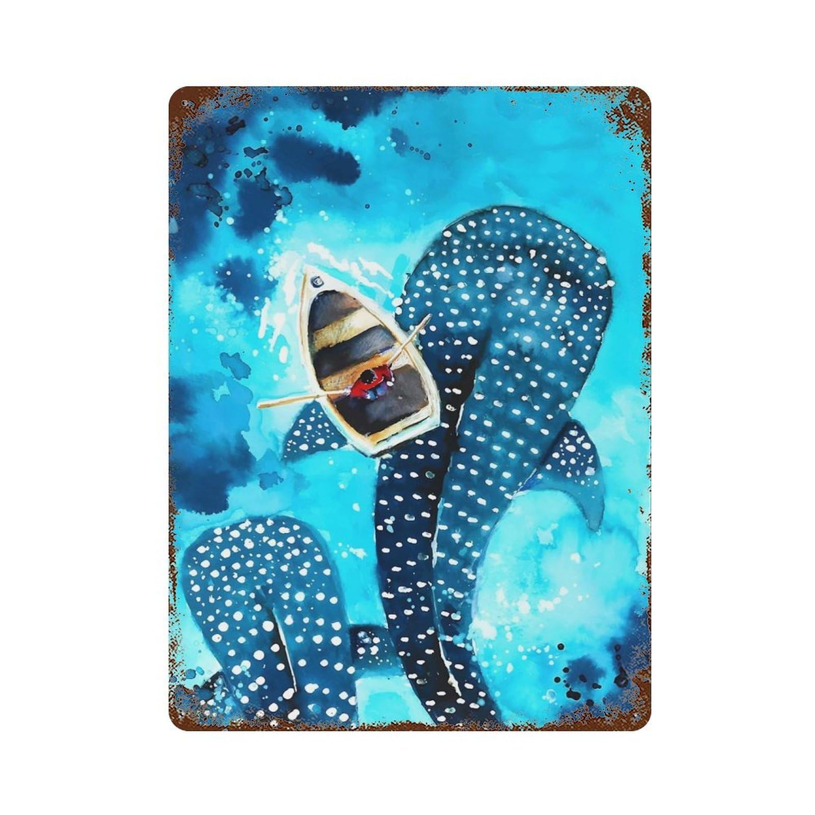 Rust Effect Whale Shark Watercolor Weathered Tin Sign 15.7"x11.8", Novelty Wall Decor for Office, Studio And Wall Decor