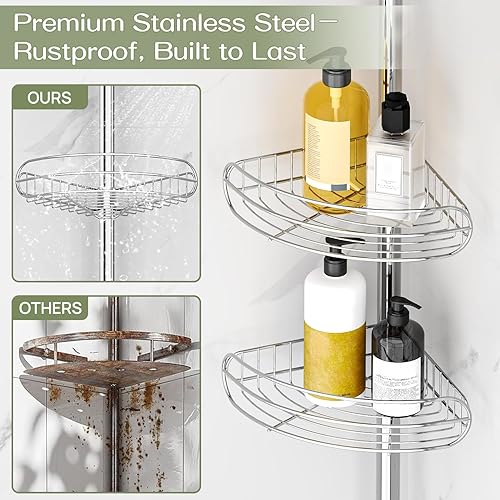 Miniatura 6 de ALLZONE Poste de tensión esquinero para regadera, estantes ajustables de 4 niveles, organizador de ducha de baño a prueba de óxido para