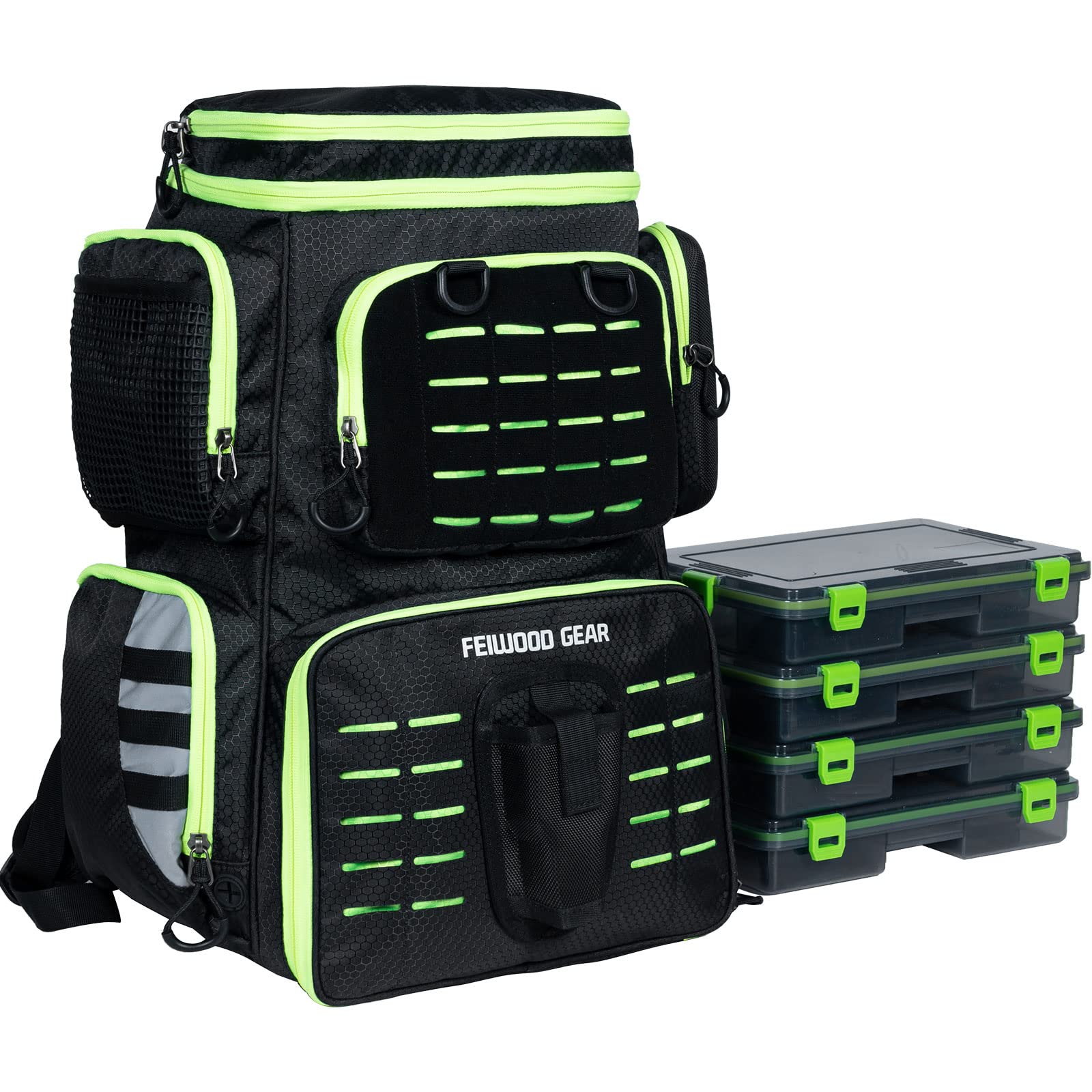 Angelausrüstungs-Rucksack mit 4 Angelboxen, großer Stauraum – widerstandsfähiger Angelrucksack mit Rutenhalter für Angeln, Camping, Wandern, Outdoor-Sport