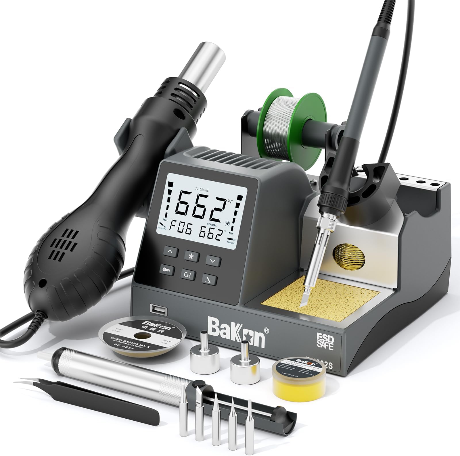 BAKON BK602S Soldering Iron & Desoldering Gun 2-In-1 Set, Hot Air Rework Station Diy Soldering Station, Soldering Practice Kit, Auto Sleep, ºC/ºF Conversion, Big Screen Display (BK602S)