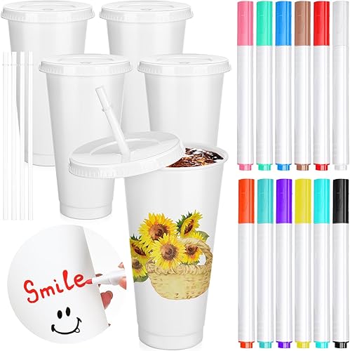 Juego de 6 vasos pintados con tapas y pajitas, kit de pintura de plástico personalizado reutilizable, kit de taza de café reutilizable para pintar