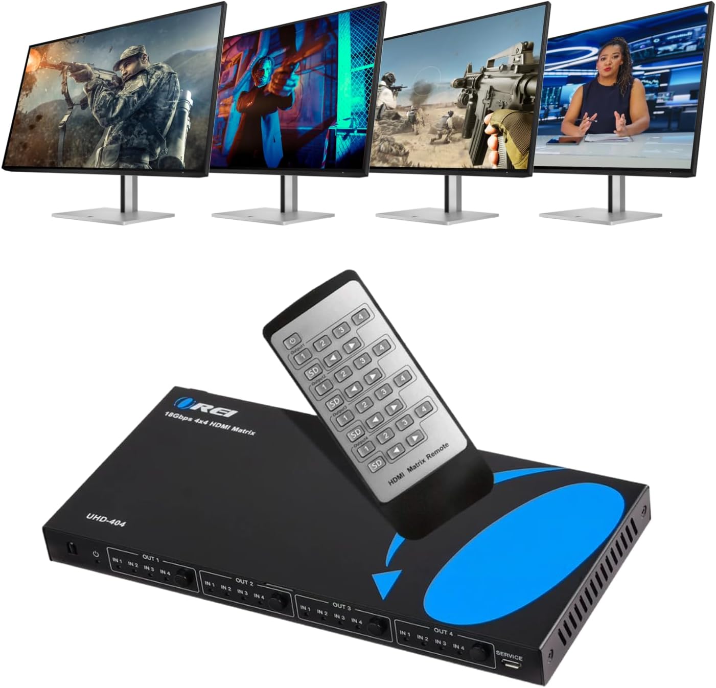 4x4 HDMI 4K Matrix Switch/Splitter by (4-Input, 4-Output) with Remote Control Supports UltraHD 4K@60Hz 4:4:4, HDR, YUV, HDMI 2.0, HDCP 2.2, 3D, 1080p, 18 GBPS - Downscaler (4K & 1080p Together)