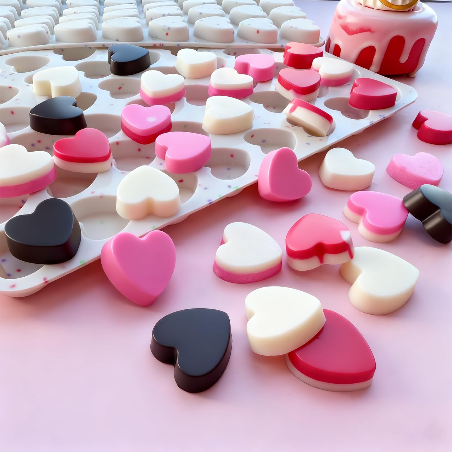 2 Pcs Mini Heart Shaped Silicone Molds, 48 Cavity 1 Inch Valentine's Day Heart Candy Chocolate Mold Silicone Heart Molds for Baking Gummy Jello Ice Cube Fondant Mold for Valentines Wedding Baking Gift - Image 2