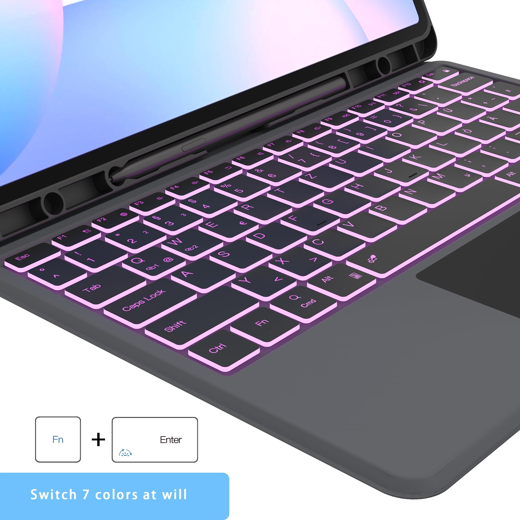 für Samsung Galaxy Tab S10 FE+ Plus 13.1 Zoll Hülle mit Tastatur: Tab S10fe+ Plus 2025 Deutsches QWERTZ-Layout Tastatur mit Touchpad | 7-Farbige Beleuchtung Kabellose Tastaturen Hülle mit Pen Halter