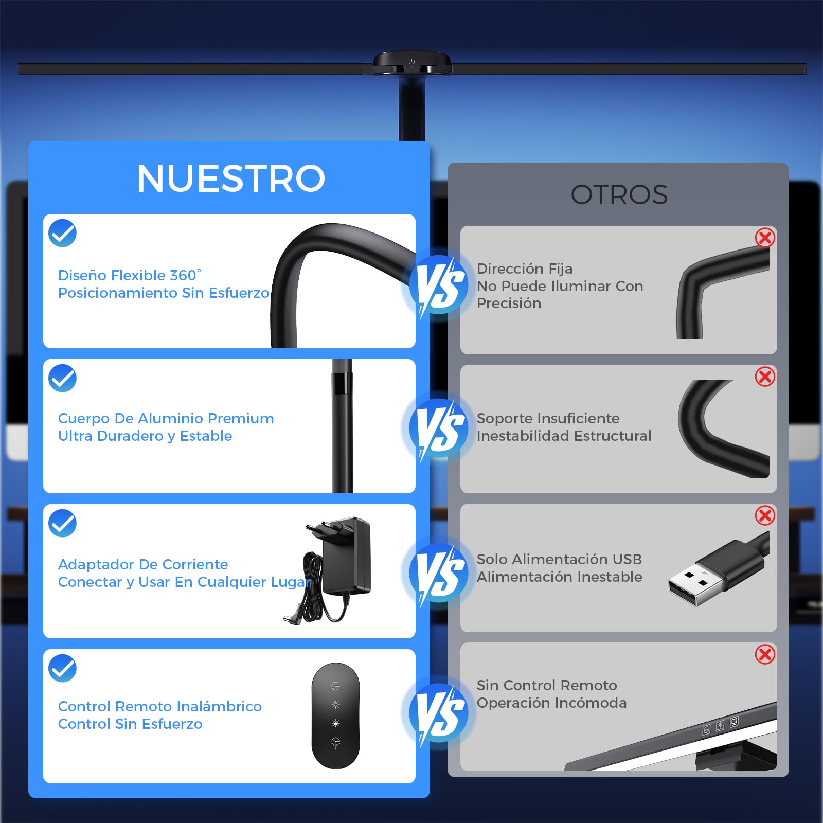 T01 Lampara de Escritorio de LED con Control Remoto - 24W 1400LM 80CM Flexo LED Escritorio con Pinza Luz Leer Puerto de carga USB para Estudiar, Oficina, Negro