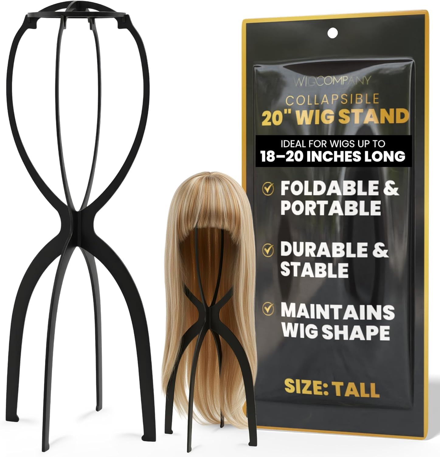 Ultimate Wig Company Black Collapsible Wig Stand – Compact Wig Holder For Styling & Drying – Portable Plastic Wig Stand For Short Wigs – Tabletop Wig Head Stand (Tall)
