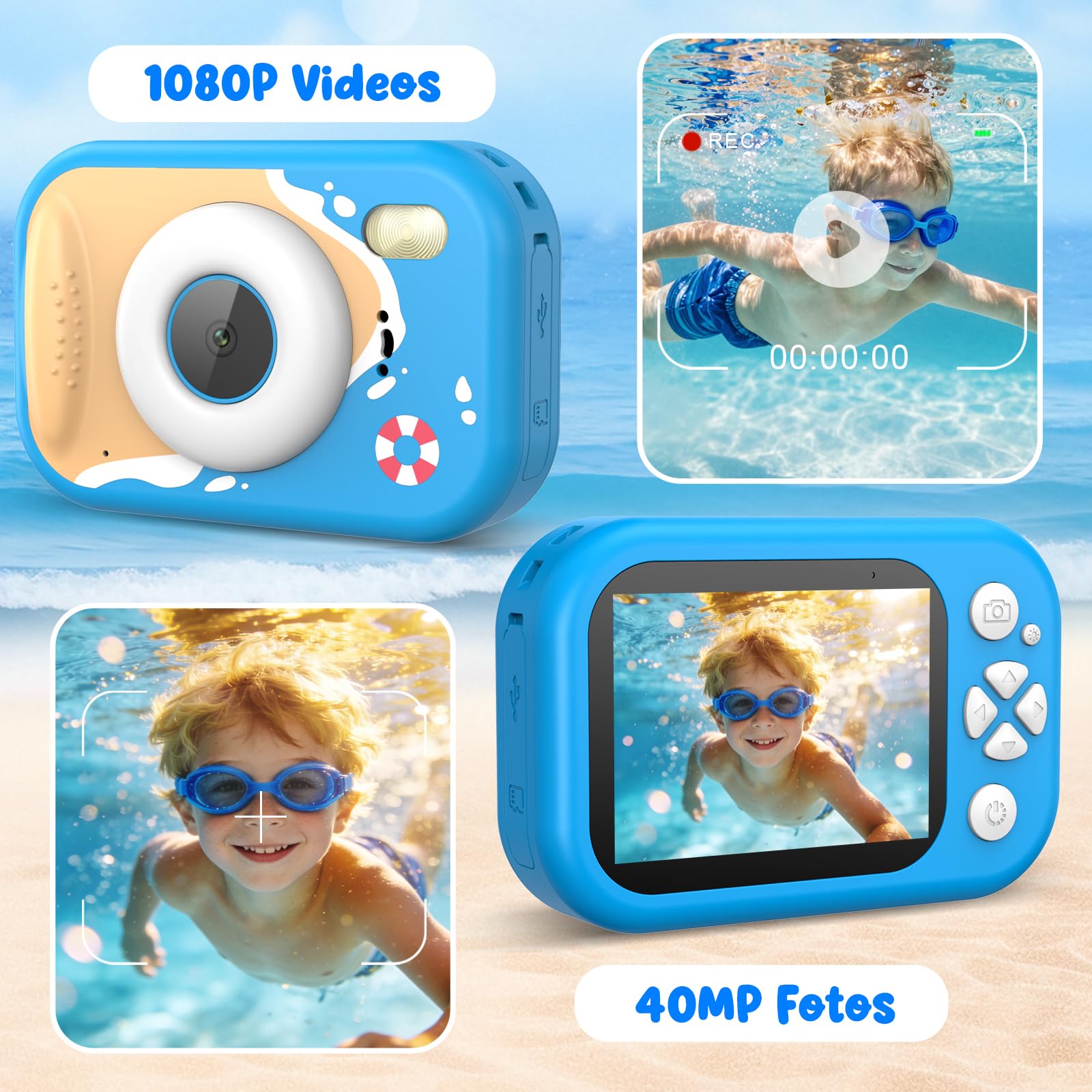 Unterwasserkamera Kinder, 10M/32.8FT Kinderkamera wasserdichte Kamera Kinder mit 2,4" Bildschirm, 32GB-Karte, Notfall-LED-Blitz, 1080P Fotoapparat Kinder Geschenk für 3-12 Jahre Mädchen Jungen
