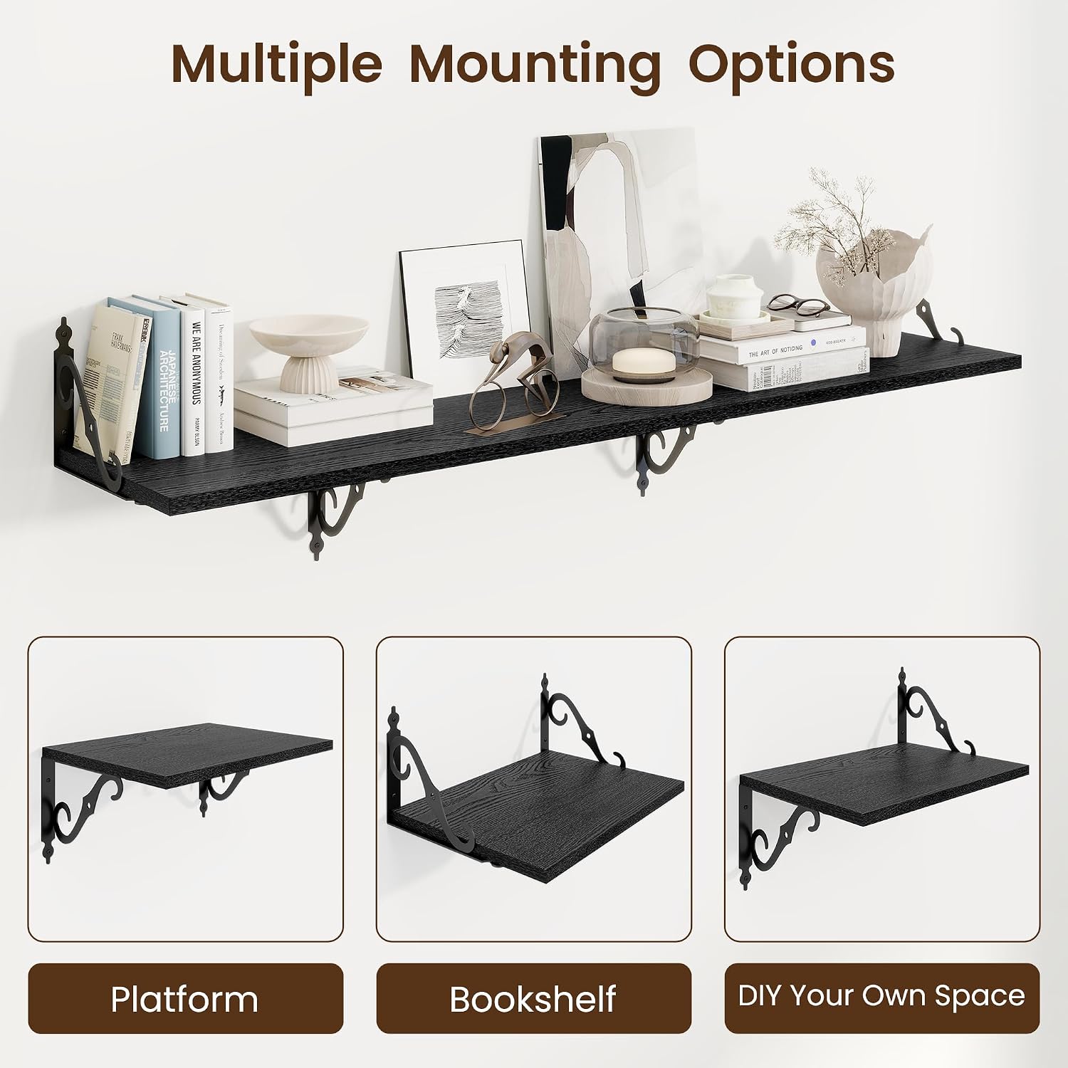 RICHFOCUS 12 Inch Deep Floating Shelves for Wall, 16" W x 12" D Black Wood Wall Shelves Set of 2, Wide Floating Shelves for Living Room, Bedroom, Kitchen, Bathroom and Decor Storage, Black image 5