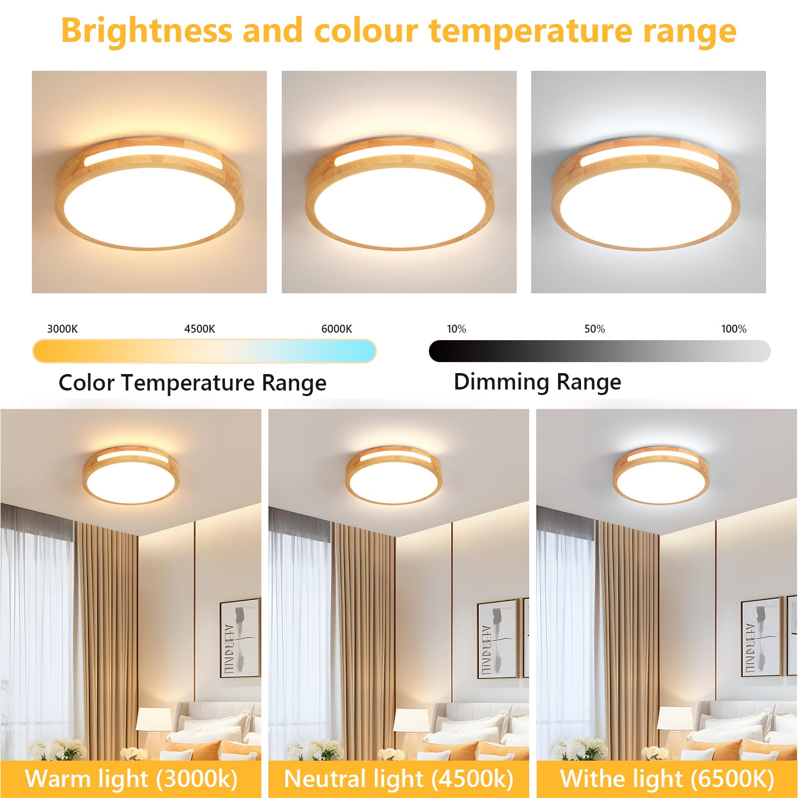 Riserva Lámpara de Techo LED Madera 64W, Regulable, 3000K-6500K, 40cm | Plafon LED Techo Redondo con Mando para Dormitorio, Salón, Cocina, Comedor, Balcón, Pasillo