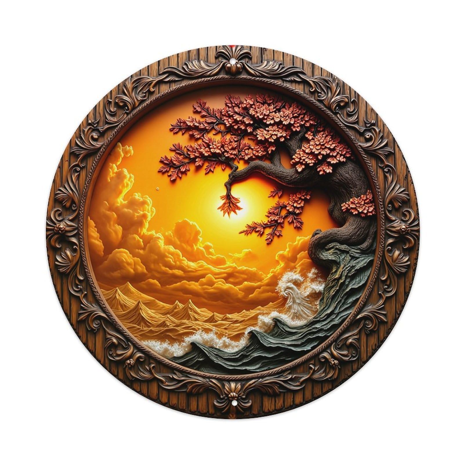Sunset Tree Waves Clouds Sky Retro Metal Sign Round Tin Sign, Vintage Decor Art Poster for Bar, Home, Man Cave, Kitchen, Laundry Room Gift 8x8Inch
