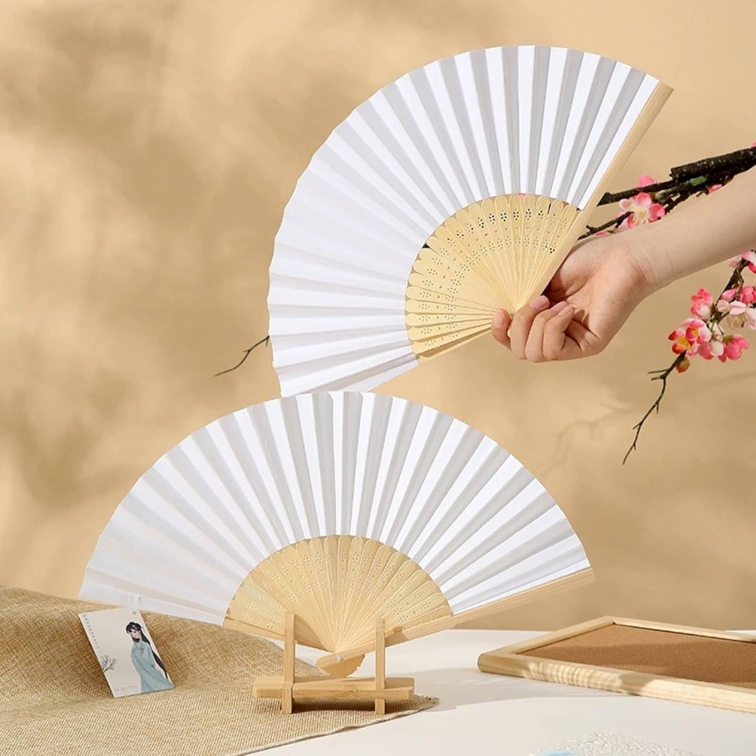 Decorative Folding Paper Fan, Elegant Handheld Fan with Rib for Wedding, Festival, Party, Performance