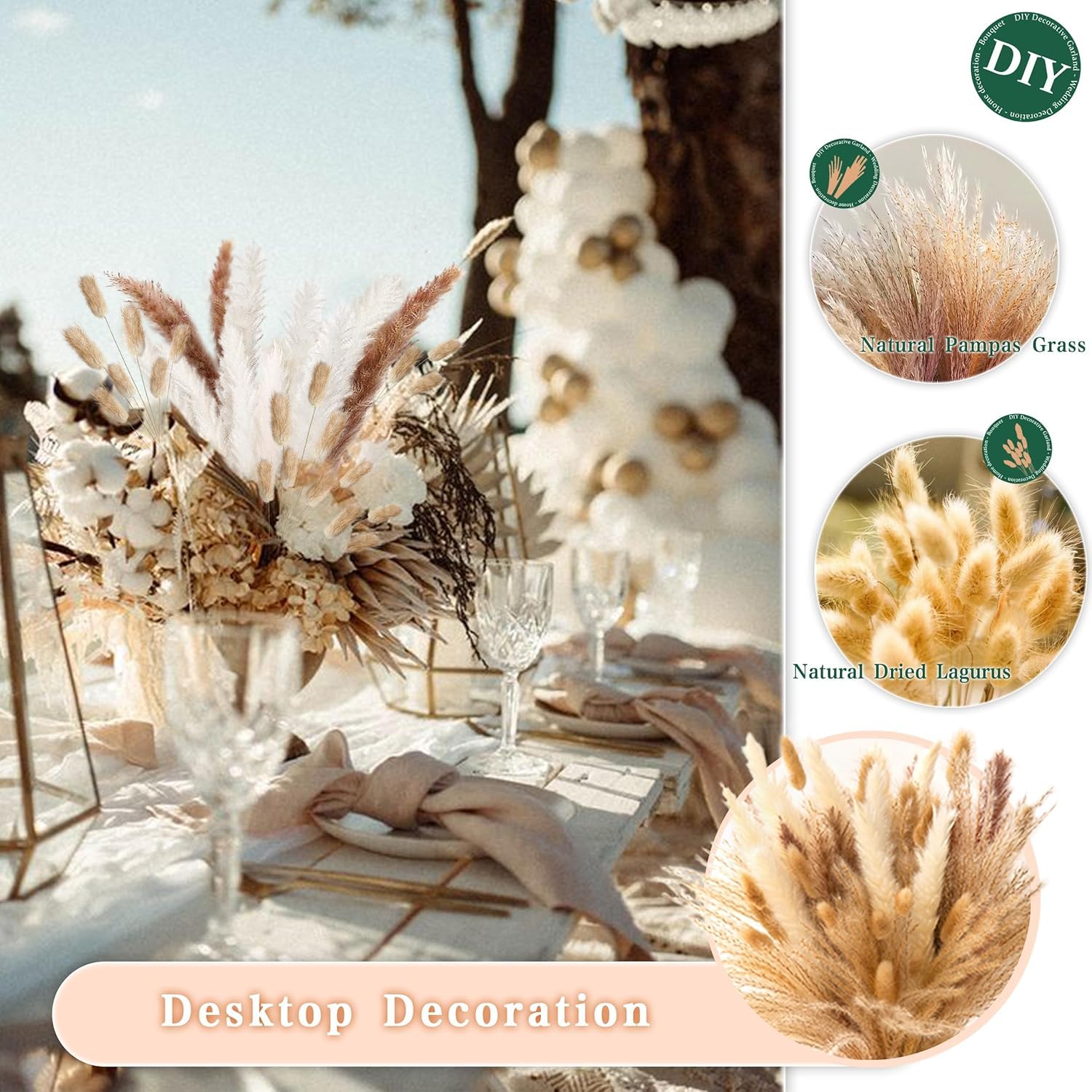 Qlect Home Decor 100 Pcs Set 17inch Natural Dried Pampas Grass,Real Rabbit Bunny Tail,Reed Pampas,Boho Bouquet,Artificial Flowers Decor for Table Vase Home Decoration. (100 Pcs Dried Flower Set) 3