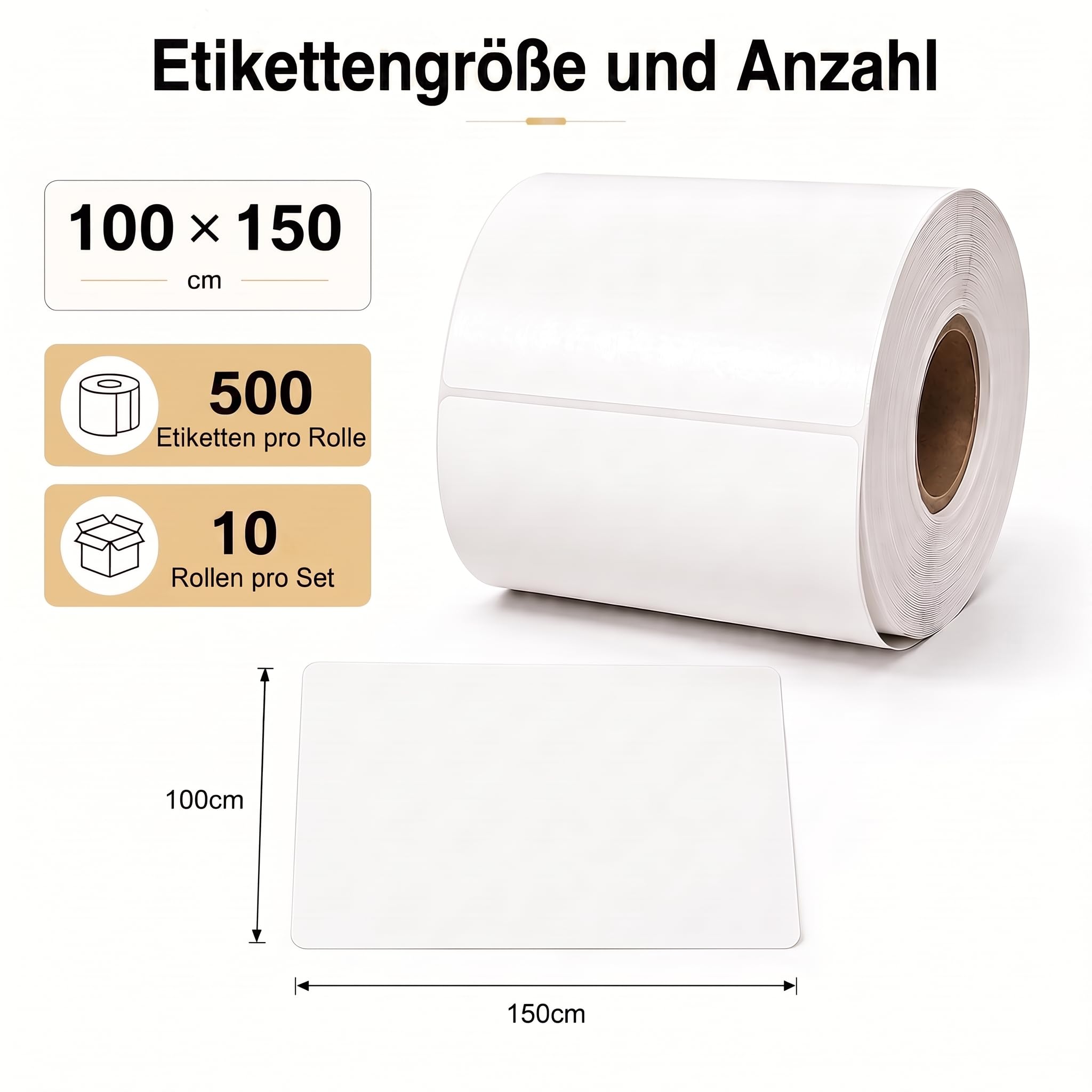 Versandetiketten 100 x 150 cm auf Rolle, 10 Rollen je 500 Thermoetiketten, weiß matt, permanent selbstklebend, für Direkt-Thermodrucker, Barcode, Adresse & Lagerkennzeichnung