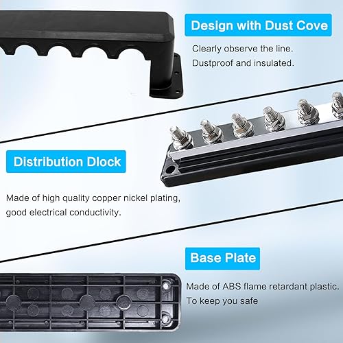 Miniatura 4 de Barra de bus de 600 A, bloque de distribución de energía resistente, caja de barra colectora de 48 V CC con 8 pernos de terminal M10 (38 pulgadas)