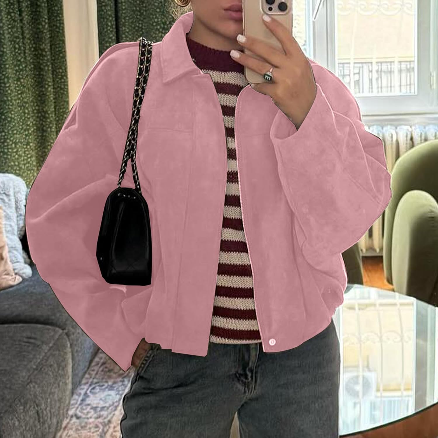 WOWULOVELY Women's Faux Suede Bomber Jacket Lapel Pilot Pocket Coat Casual Oversized Long Dolman Sleeves Trendy Streetwear - Image 6