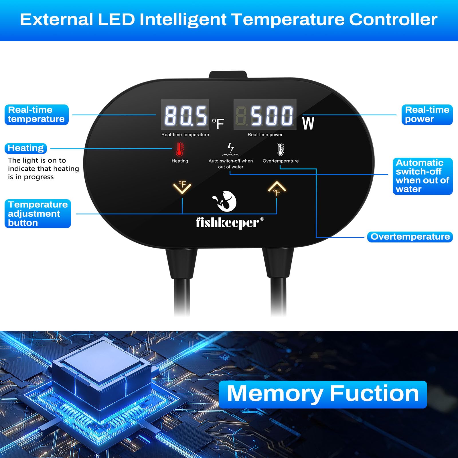 fishkeeper Aquarium-Heizung mit intelligentem LED-Alarm-Temperaturregler, 500 W tauchfähiger Aquarium-Heizstrahler für 180 - 500 Liter, lässt Wasser automatisch aufhören, für Süß- und Salzwasser