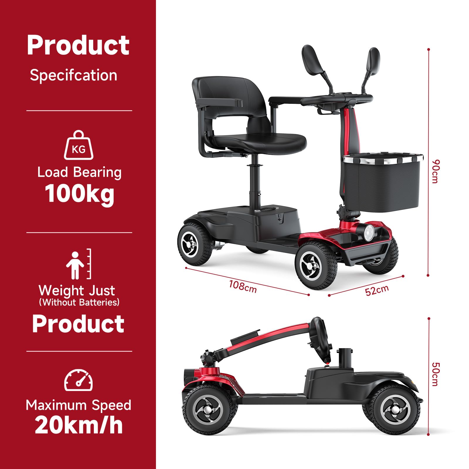 Scooters para discapacitados plegable para mayores autonomía de 20 km motor de 350W diseño estable antivuelco asiento giratorio de 360° Cesta Delantera y Luz LED Mobility Scooters