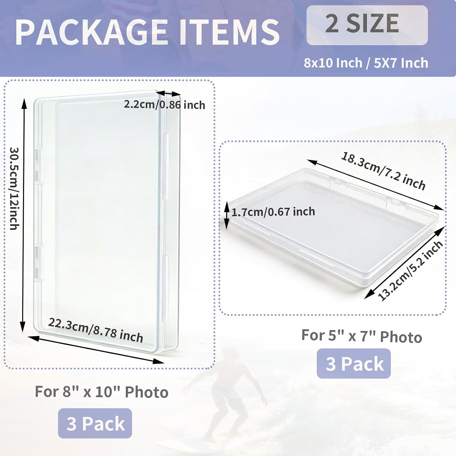 6 Pack Clear Plastic Photo Storage Boxes for 8" x 10" and 5" x 7" Photo, Dual Snap-Tight Closures Suitable for Photos, Scrapbooks, Handicrafts, Office Documents, Papers